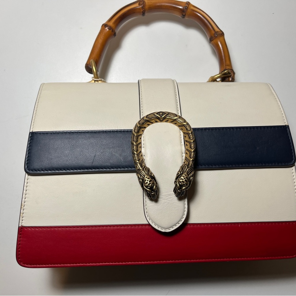 Gucci White, Blue, and Red bamboo Shoulder Bag